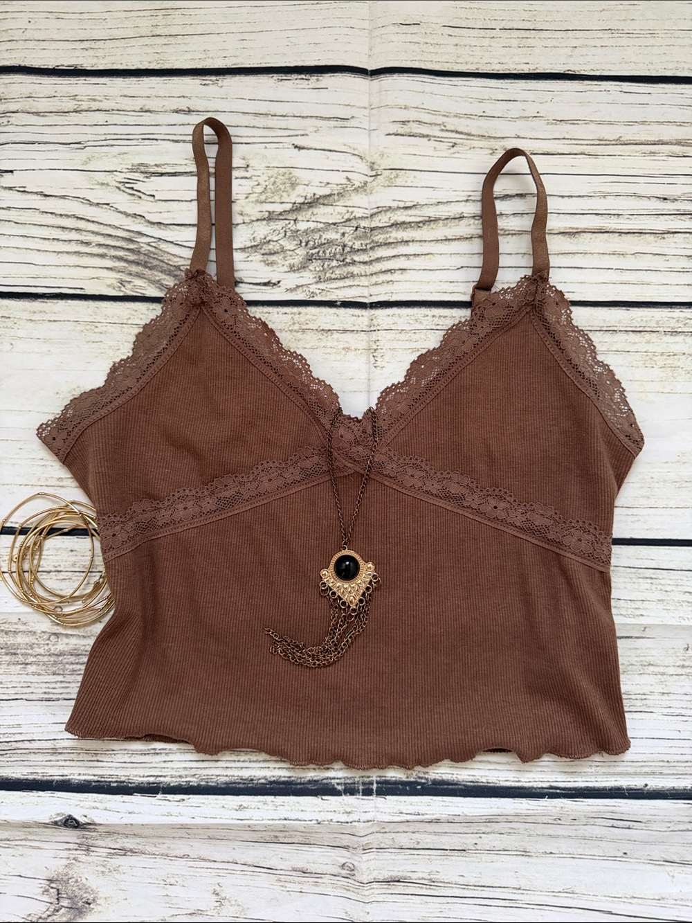 ♡ Ambience Lace Trim Ribbed Cami Tank Top - Brown M